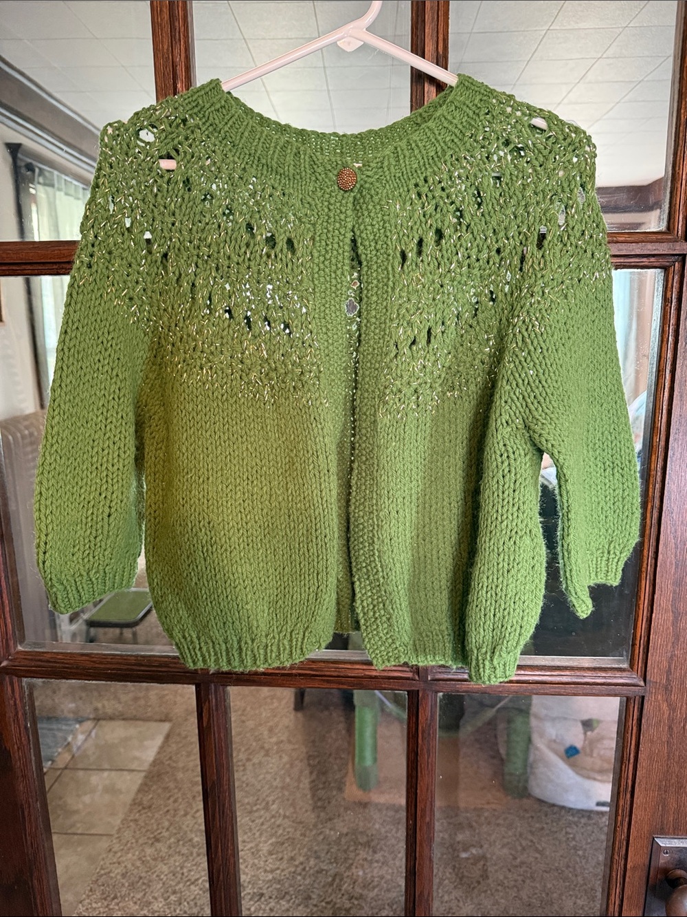 Handmade Green Chunky Knit Cardigan Gold Metallic Pointelle Yoke Whimscal Boho